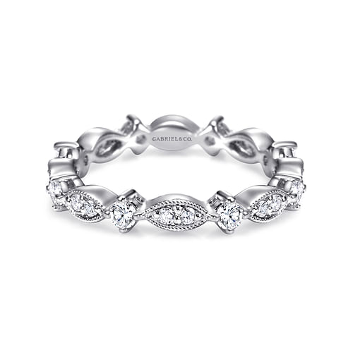 Vintage Inspired 14K White Gold Marquise and Round Station Diamond Eternity Band