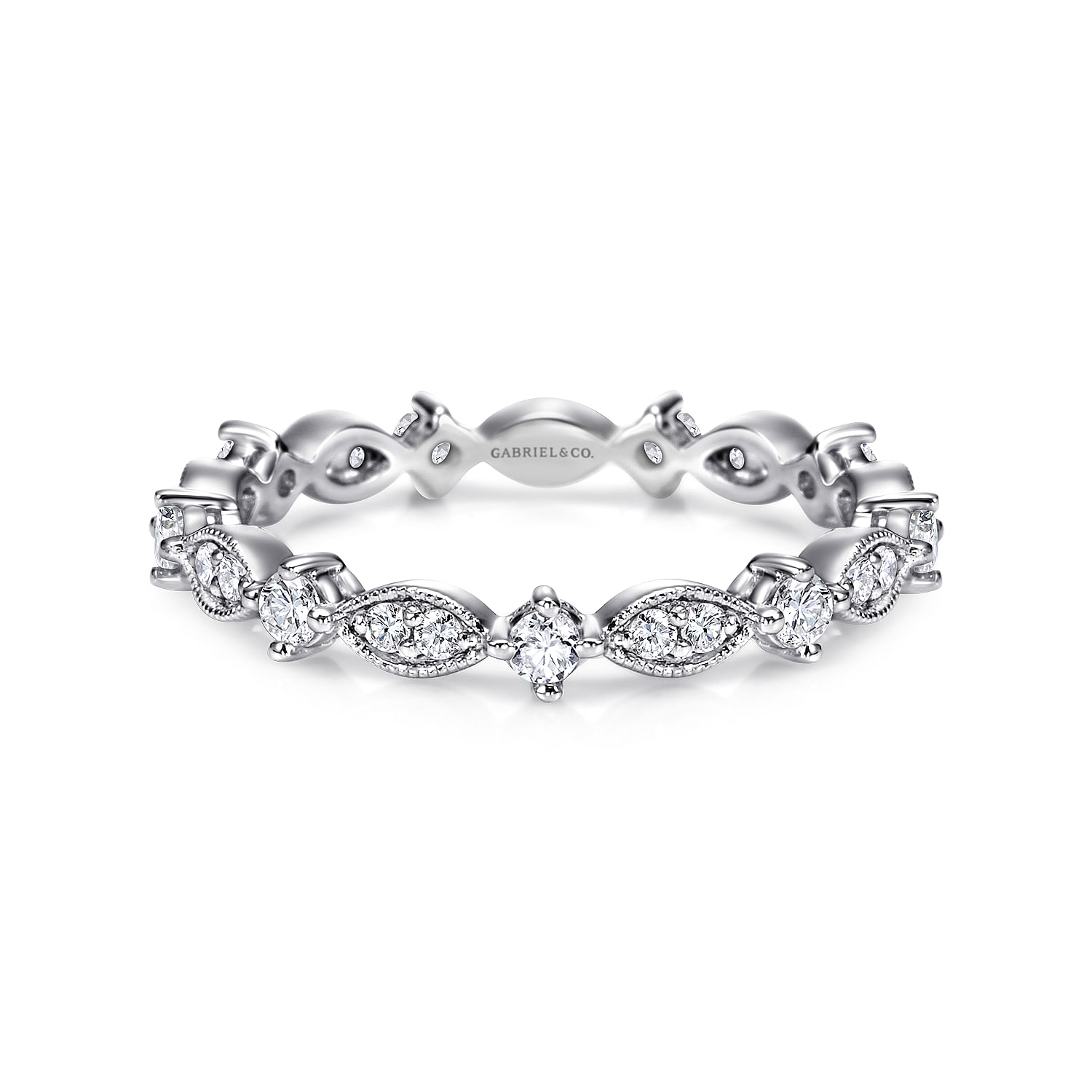 Vintage Inspired 14K White Gold Marquise and Round Station Diamond Eternity Band