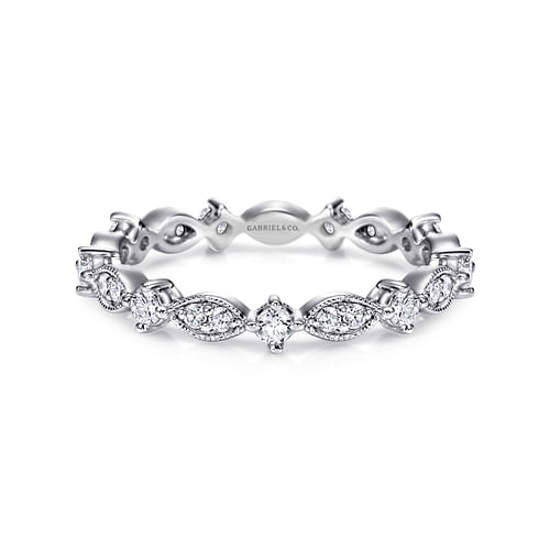 Vintage Inspired 14K White Gold Marquise and Round Station Diamond Eternity Band