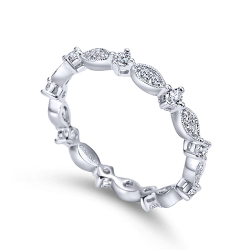 Vintage Inspired 14K White Gold Marquise and Round Station Diamond Eternity Band