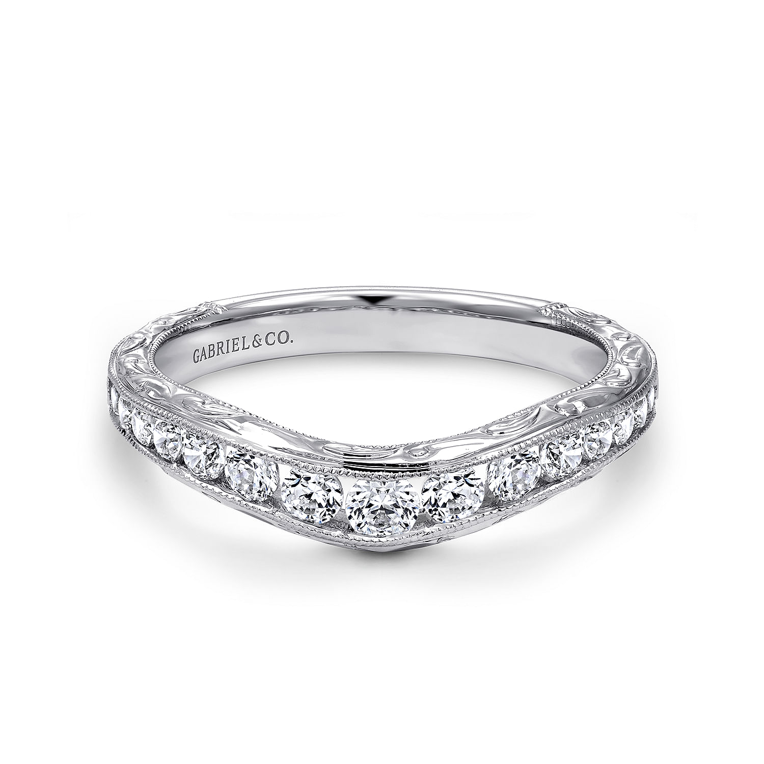 Vintage Inspired 14K White Gold Micro Pavé Curved and Channel Set Diamond Wedding Band with Engraving