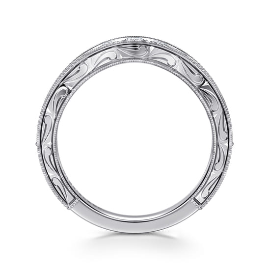 Vintage Inspired 14K White Gold Micro Pavé Curved and Channel Set Diamond Wedding Band with Engraving angle 2