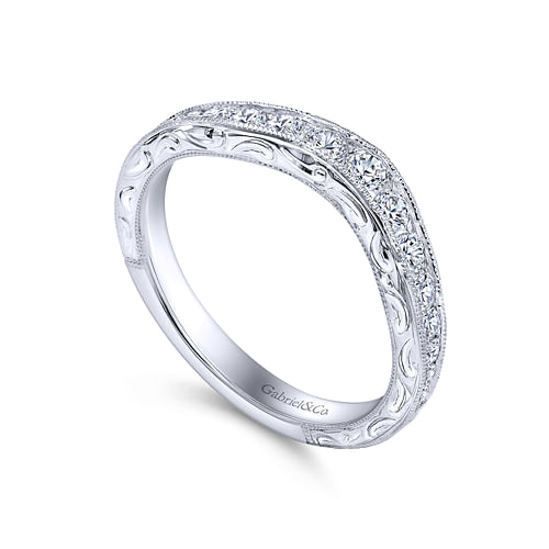 Vintage Inspired 14K White Gold Micro Pavé Curved and Channel Set Diamond Wedding Band with Engraving