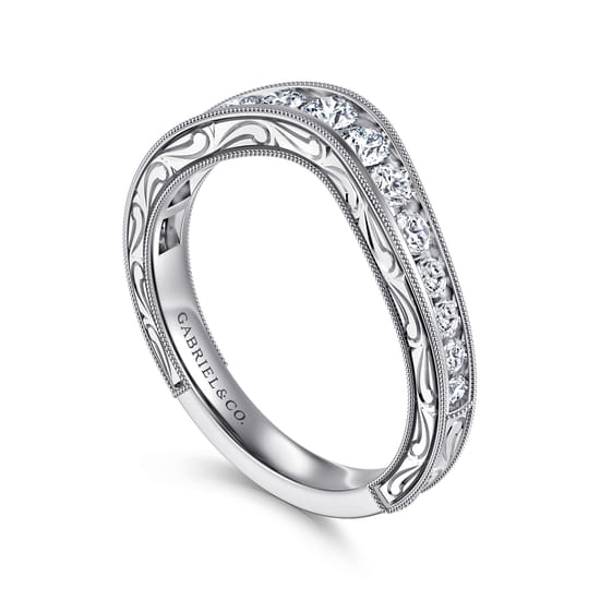 Vintage Inspired 14K White Gold Micro Pavé Curved and Channel Set Diamond Wedding Band with Engraving angle 3