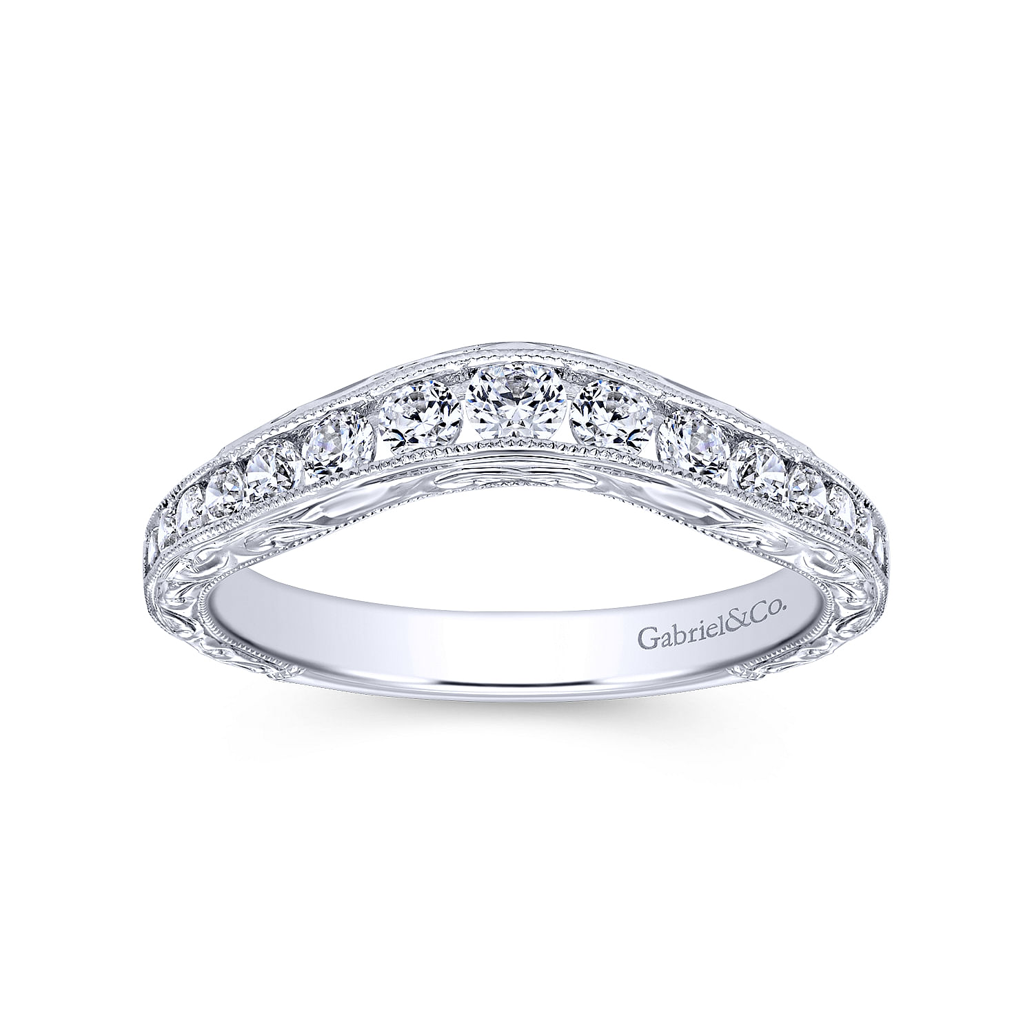 Vintage Inspired 14K White Gold Micro Pavé Curved and Channel Set Diamond Wedding Band with Engraving