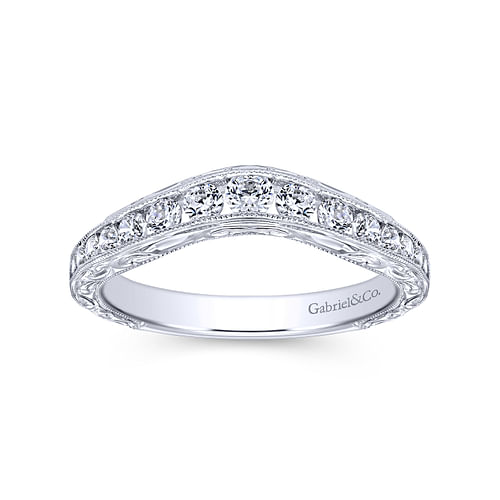 Vintage Inspired 14K White Gold Micro Pavé Curved and Channel Set Diamond Wedding Band with Engraving