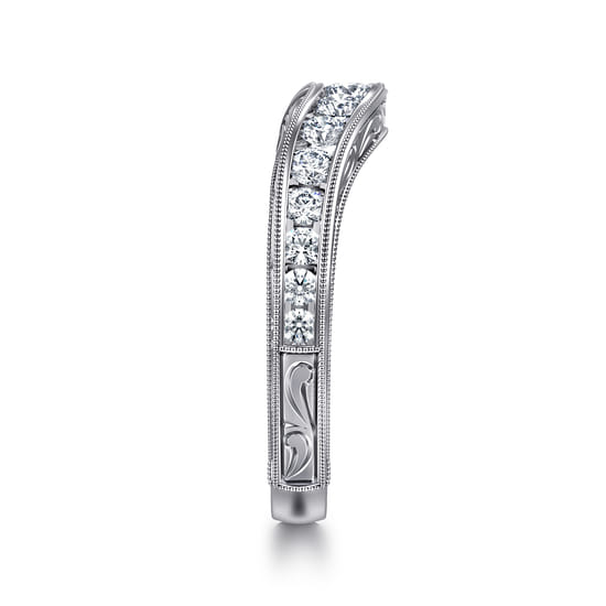 Vintage Inspired 14K White Gold Micro Pavé Curved and Channel Set Diamond Wedding Band with Engraving angle 4