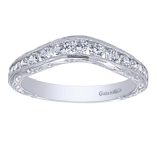 Vintage Inspired 14K White Gold Micro Pavé Curved and Channel Set Diamond Wedding Band with Engraving angle 5