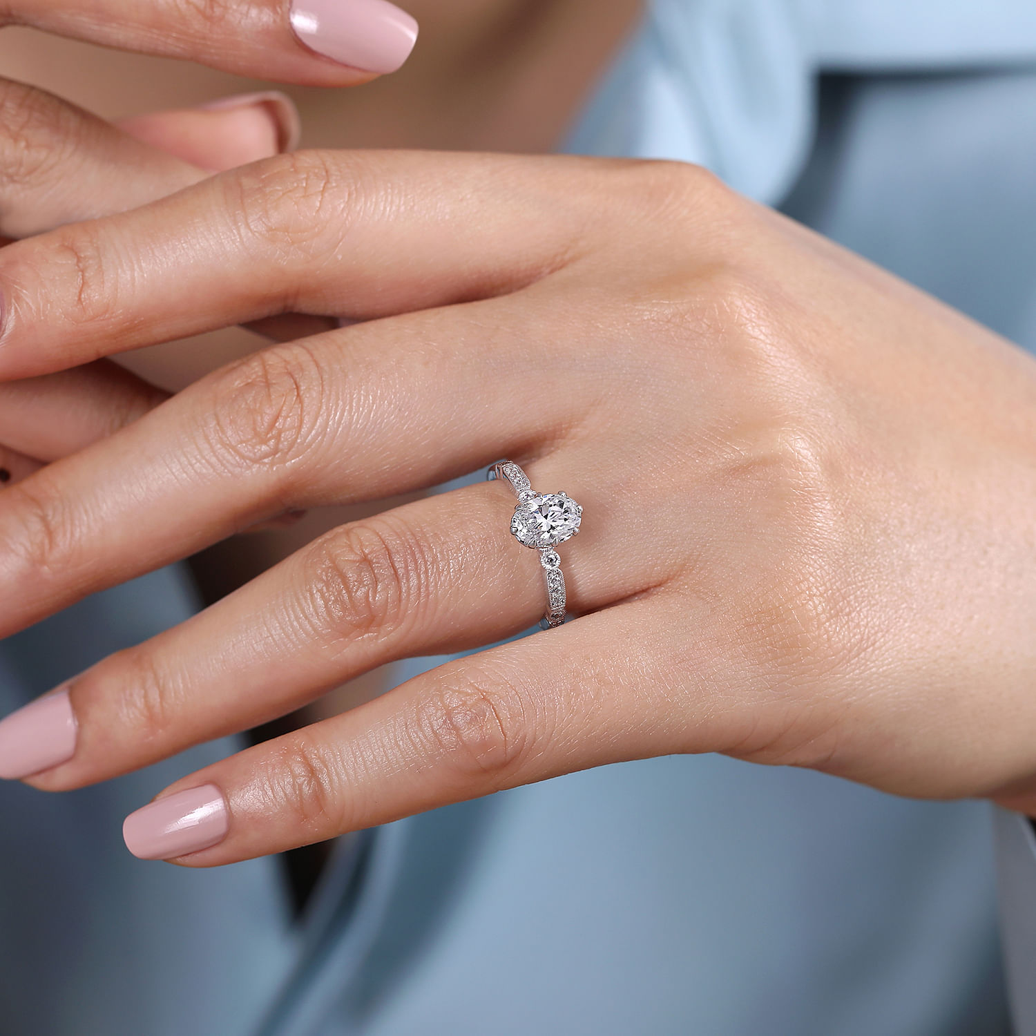 Vintage Inspired 14K White Gold Oval Diamond Engagement Ring