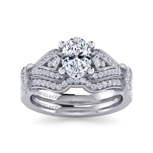 Vintage Inspired 14K White Gold Oval Diamond Engagement Ring