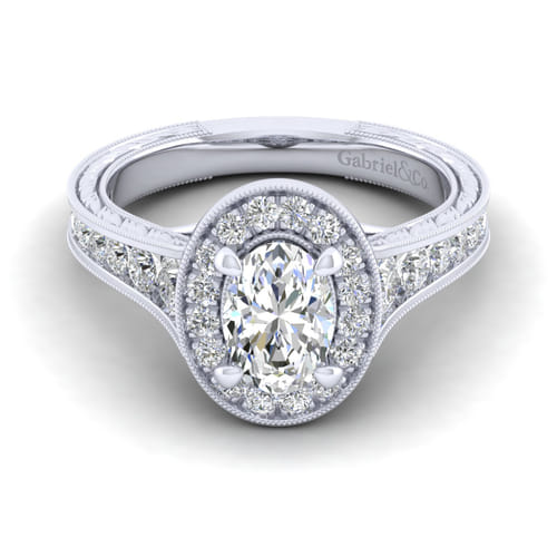 Vintage Inspired 14K White Gold Oval Halo Diamond Channel Set Engagement Ring