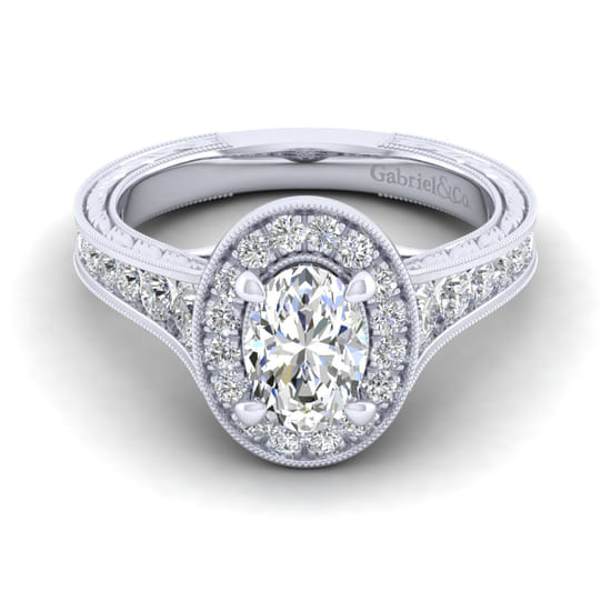 Gabriel - Vintage Inspired 14K White Gold Oval Halo Diamond Channel Set Engagement Ring