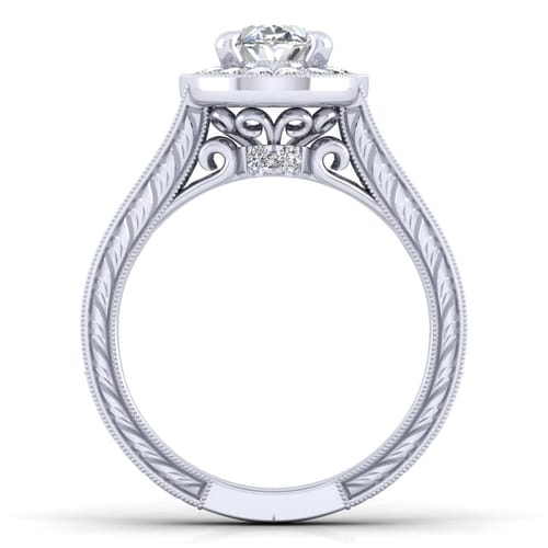 Vintage Inspired 14K White Gold Oval Halo Diamond Channel Set Engagement Ring