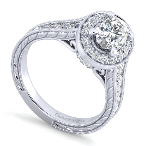 Vintage Inspired 14K White Gold Oval Halo Diamond Channel Set Engagement Ring