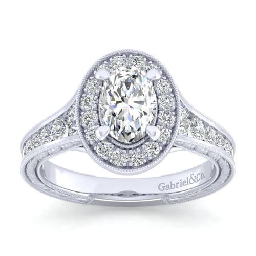 Vintage Inspired 14K White Gold Oval Halo Diamond Channel Set Engagement Ring