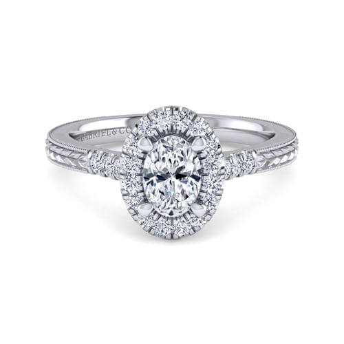 Vintage Inspired 14K White Gold Oval Halo Diamond Engagement Ring