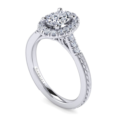 Vintage Inspired 14K White Gold Oval Halo Diamond Engagement Ring
