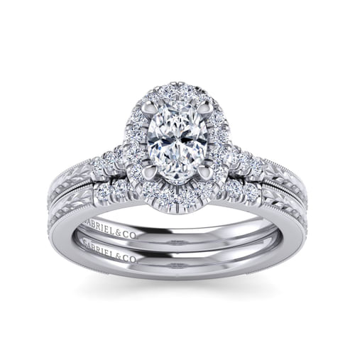 Vintage Inspired 14K White Gold Oval Halo Diamond Engagement Ring