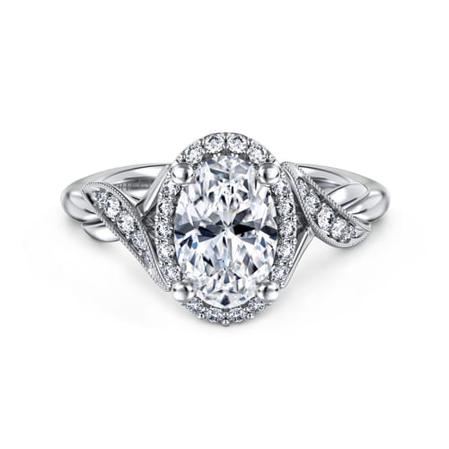 Vintage Inspired 14K White Gold Oval Halo Diamond Engagement Ring