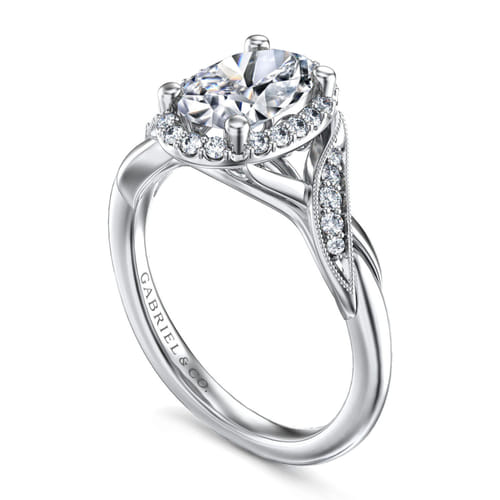 Vintage Inspired 14K White Gold Oval Halo Diamond Engagement Ring