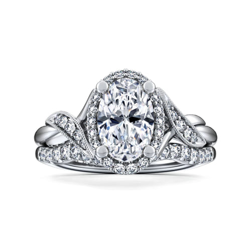 Vintage Inspired 14K White Gold Oval Halo Diamond Engagement Ring