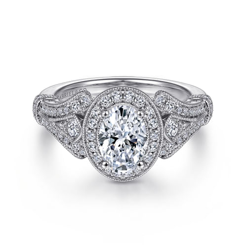 Vintage Inspired 14K White Gold Oval Halo Diamond Engagement Ring