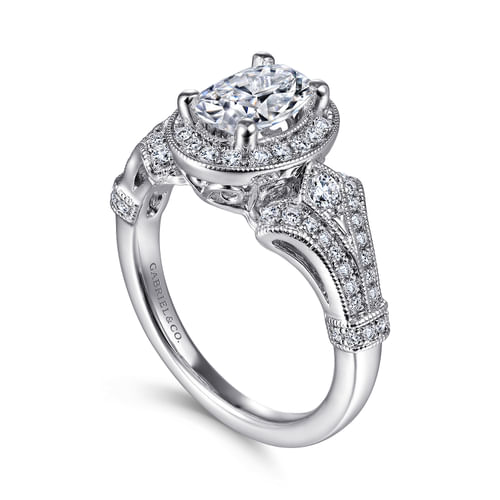 Vintage Inspired 14K White Gold Oval Halo Diamond Engagement Ring