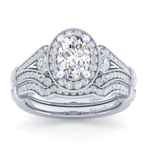 Vintage Inspired 14K White Gold Oval Halo Diamond Engagement Ring