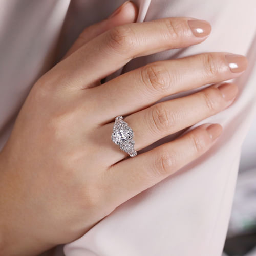 Vintage Inspired 14K White Gold Oval Halo Diamond Engagement Ring