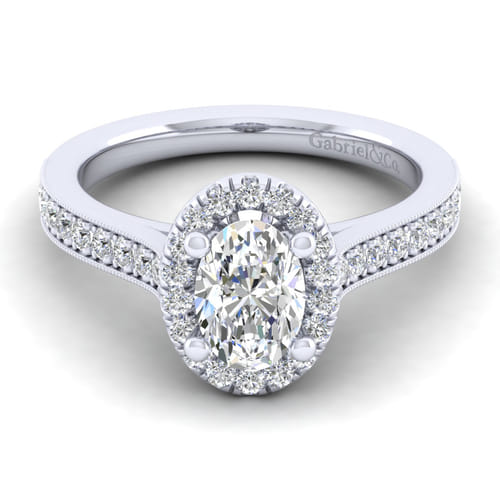 Vintage Inspired 14K White Gold Oval Halo Diamond Engagement Ring