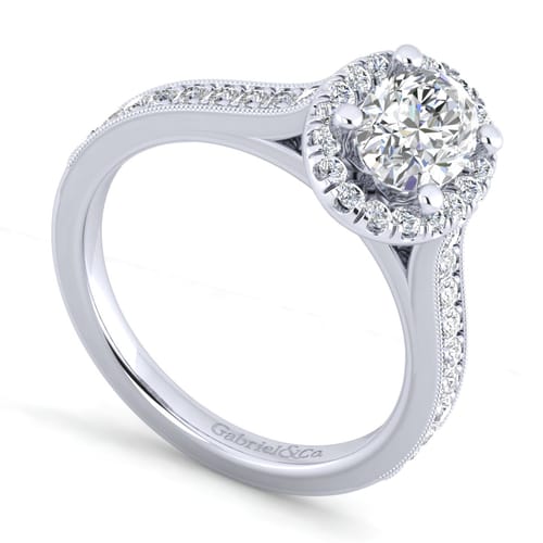 Vintage Inspired 14K White Gold Oval Halo Diamond Engagement Ring