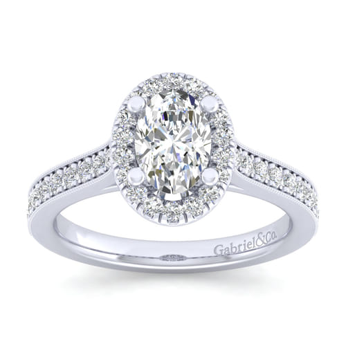 Vintage Inspired 14K White Gold Oval Halo Diamond Engagement Ring