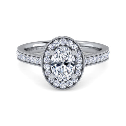 Vintage Inspired 14K White Gold Oval Halo Diamond Engagement Ring