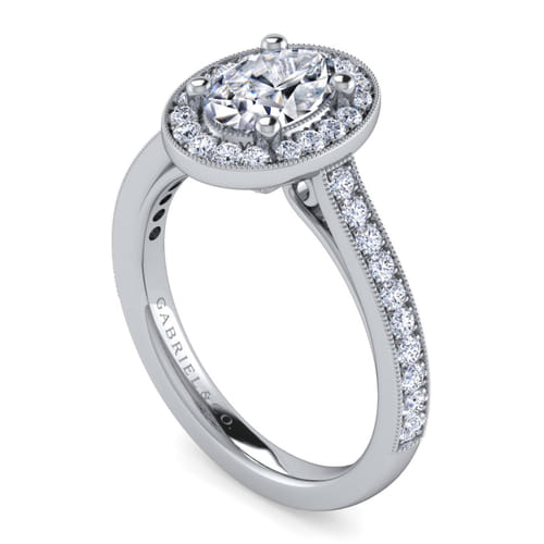 Vintage Inspired 14K White Gold Oval Halo Diamond Engagement Ring