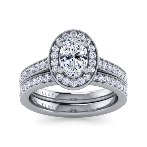 Vintage Inspired 14K White Gold Oval Halo Diamond Engagement Ring