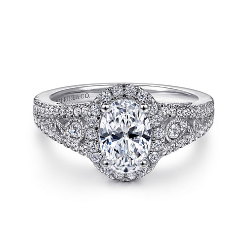 Vintage Inspired 14K White Gold Oval Halo Diamond Engagement Ring