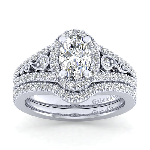 Vintage Inspired 14K White Gold Oval Halo Diamond Engagement Ring