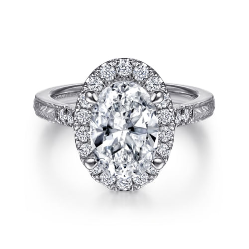 Vintage Inspired 14K White Gold Oval Halo Diamond Engagement Ring
