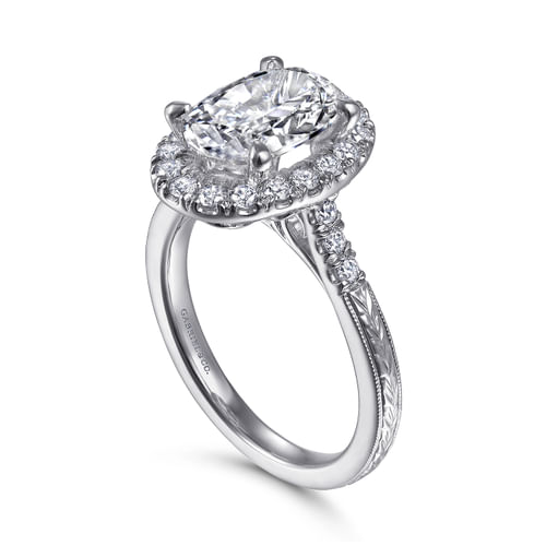 Vintage Inspired 14K White Gold Oval Halo Diamond Engagement Ring