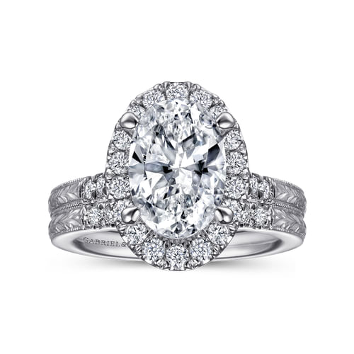 Vintage Inspired 14K White Gold Oval Halo Diamond Engagement Ring