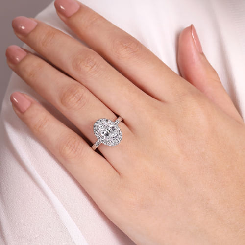 Vintage Inspired 14K White Gold Oval Halo Diamond Engagement Ring