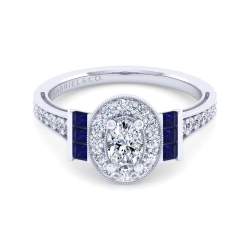Vintage Inspired 14K White Gold Oval Halo Sapphire and Diamond Channel Set Engagement Ring