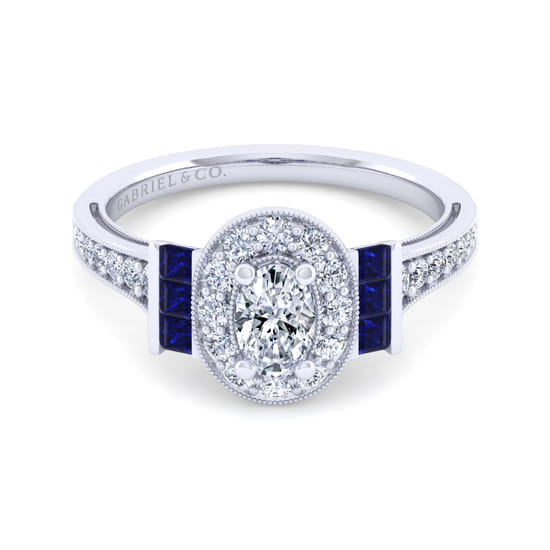 Gabriel - Vintage Inspired 14K White Gold Oval Halo Sapphire and Diamond Channel Set Engagement Ring