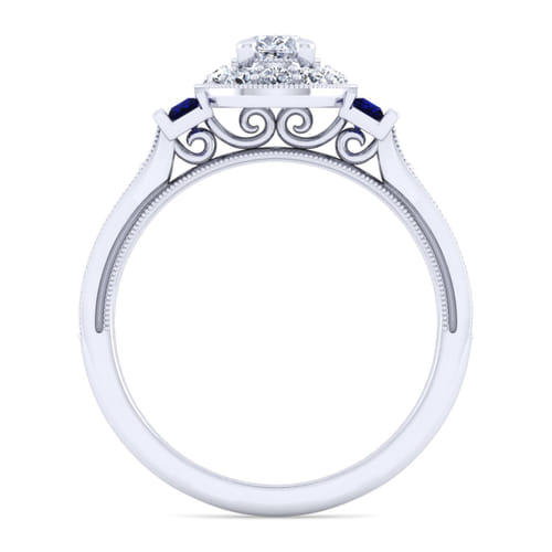 Vintage Inspired 14K White Gold Oval Halo Sapphire and Diamond Channel Set Engagement Ring
