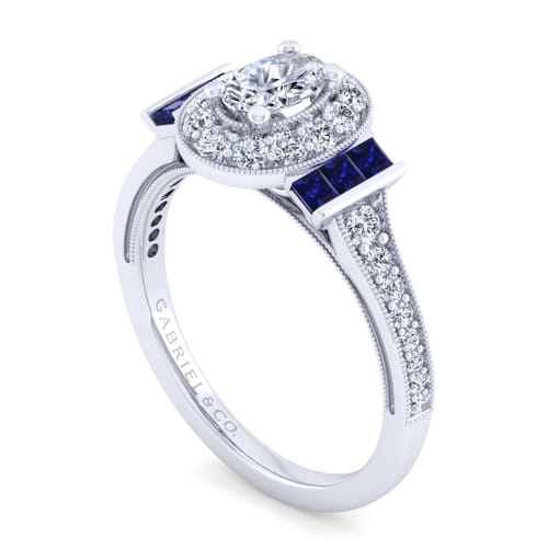 Vintage Inspired 14K White Gold Oval Halo Sapphire and Diamond Channel Set Engagement Ring