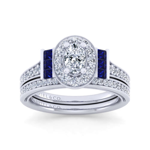 Vintage Inspired 14K White Gold Oval Halo Sapphire and Diamond Channel Set Engagement Ring