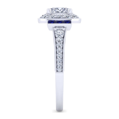 Vintage Inspired 14K White Gold Oval Halo Sapphire and Diamond Channel Set Engagement Ring