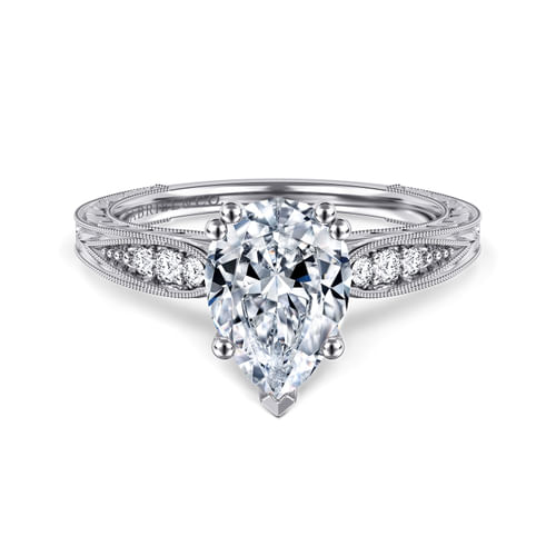Vintage Inspired 14K White Gold Pear Shape Diamond Engagement Ring