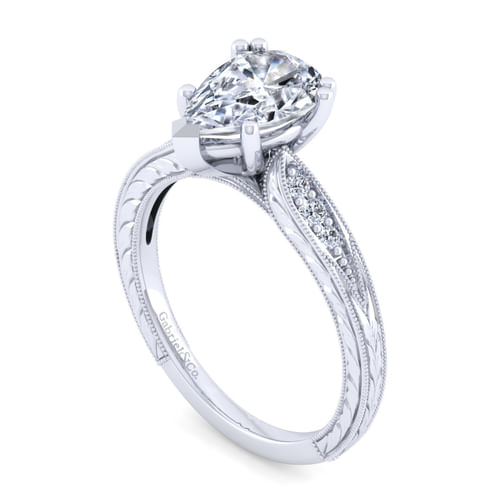 Vintage Inspired 14K White Gold Pear Shape Diamond Engagement Ring