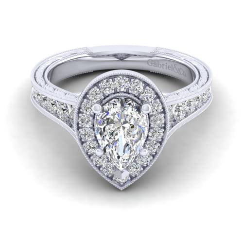 Vintage Inspired 14K White Gold Pear Shape Halo Diamond Channel Set Engagement Ring